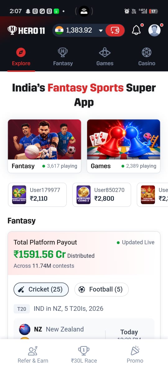 Hero11 App Homepage Displaying Over ₹1591 Crore Total Payouts