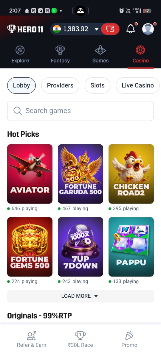 Hero11 Game App Casino Section Showing Aviator, Fortune Gems 500, and 7Up 7Down